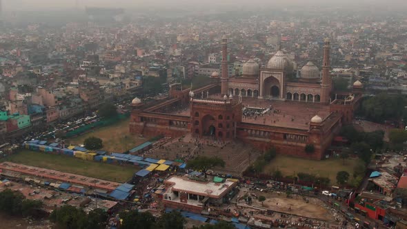 New Delhi, India, "Jama Masjid" mosque 4k aerial drone video