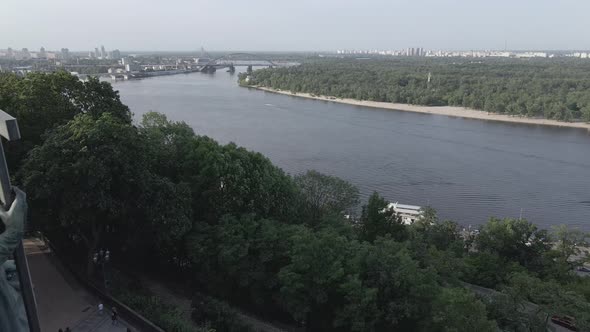 The Architecture of Kyiv. Ukraine: Monument To Volodymyr the Great. Aerial View, Slow Motion, Flat