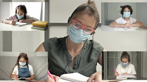 Distance Learning. On the Monitor Screen, Teacher and Students in Protective Masks. Prevention of