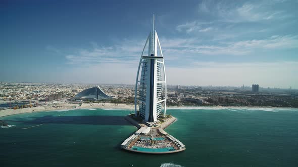 Aerial view of Burj Al Arab building, Dubai, United Arab Emirates.