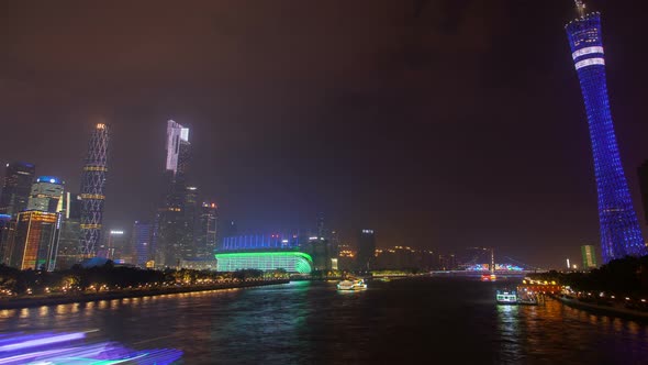 Guangzhou Motorboats on Night Pearl River in China Timelapse