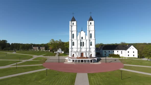 Beautiful Aerial View of the White Chatolic Church Basilica in Latvia Aglona