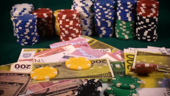 Gambling Money Chips Poker Cards And Red Dices alt