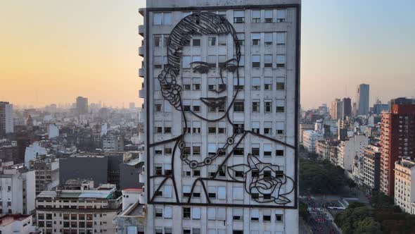 Large steel image of Eva Perón  on the side of a building in Buenos Aires