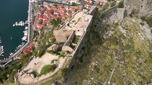 Aerial Shot of the Fortress St John San Giovanni Over the Old Town of Kotor the Famous Tourist Spot