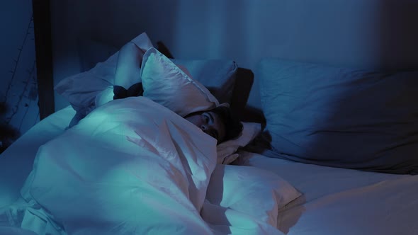 Sleep Disorder Night Insomnia Annoyed Guy Bed Late