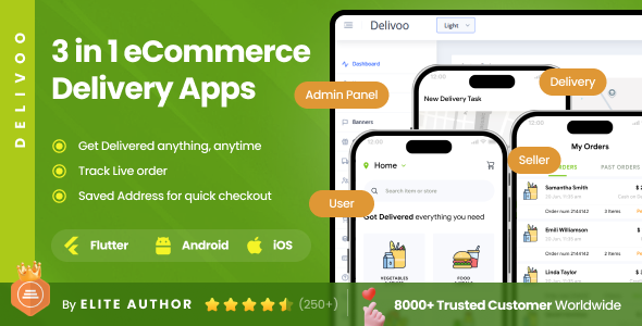 3 Apps | Multi-Purpose Delivery Full Application | eCommerce, Food, Grocery & Courier App | Delivoo