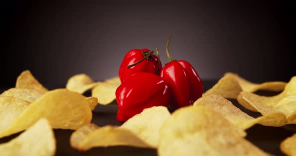 Hot Habanero Pepper and Potato Chips on a Black Background
