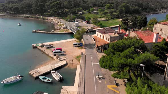 Aerial view of pro biker riding downhill at competition, Croatia.