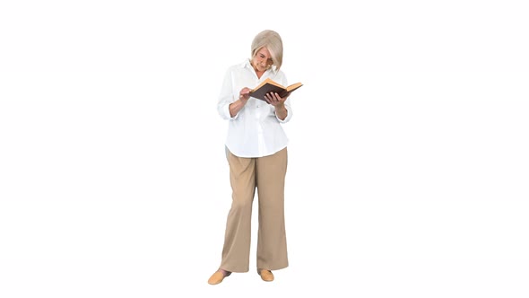 Old Lady Standing and Reading a Book on White Background