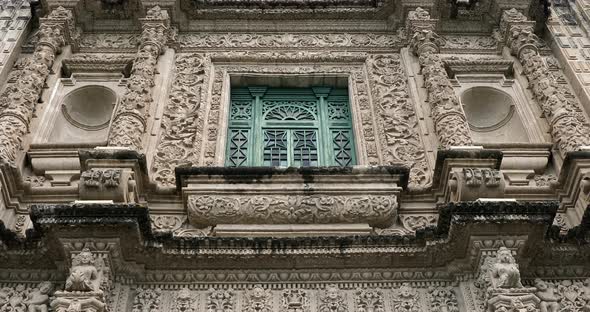Baroque Style Facade Of St. Catherine Cathedral In Cajamarca, Peru. tilt down