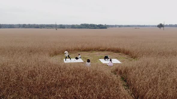 Top View of a Group of Young People Who are Drawing Abstract Paintings on Canvases Lying in a Circle