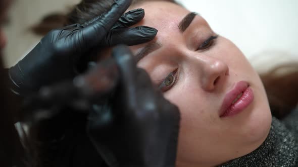 Face of Young Beautiful Woman with Unrecognizable Tattoo Master Doing Permanent Makeup Injecting