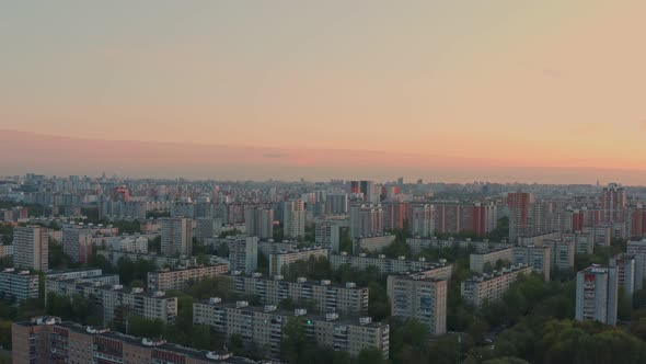 Modern Sleeping Area on the Outskirts of Moscow in Summer at Sunrise Aerial View