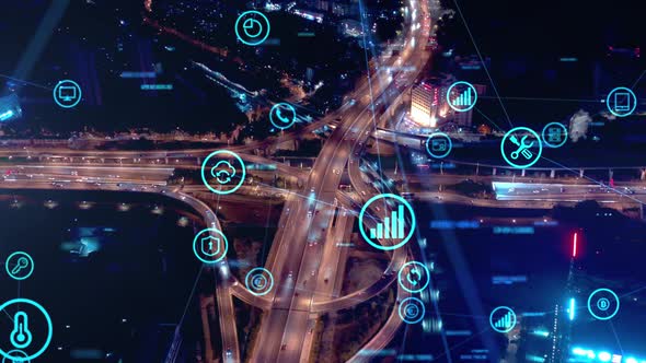 smart Connected city skyline. Futuristic network concept, city Technology.