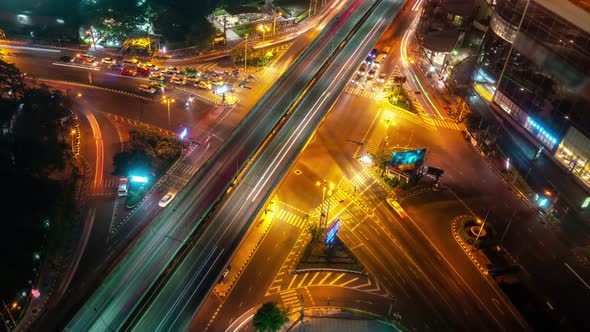 Time Lapse of Busy Highway Road Junction in Metropolis City Center at Night