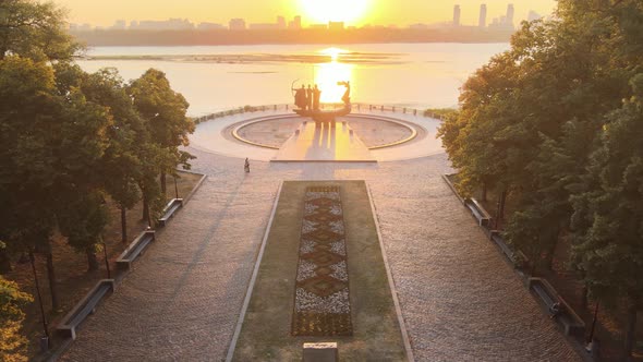 Symbol of Kyiv - a Monument To the Founders of the City in the Morning at Dawn. Ukraine. Aerial