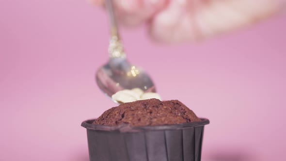 Closeup on a Rose Background in a Chocolate Cupcake with a Spoon Put the Nuts