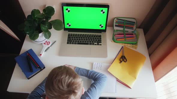 Child Preschool Studying Homework Math During His Online Lesson at Home Social Distance During