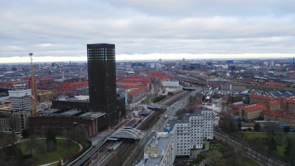 Drone Over The Railway And Skyscrapers Of Vesterbro