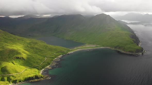 Aerial view of Mukushin Bay, Unalaska island, Alaska, United States..