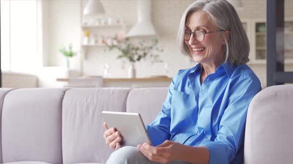 Happy Senior Grandmother Making Video Call Talking To Grandchildren at Home