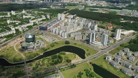 Top View of the National Library and a New Neighborhood with a Park in Minsk-the Capital