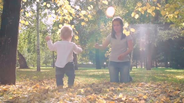 Little Baby Learning to Walk in Park