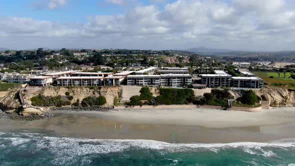 Aerial View of Del Mar North Beach, California Coastal Cliffs and House with Blue Pacific Ocean