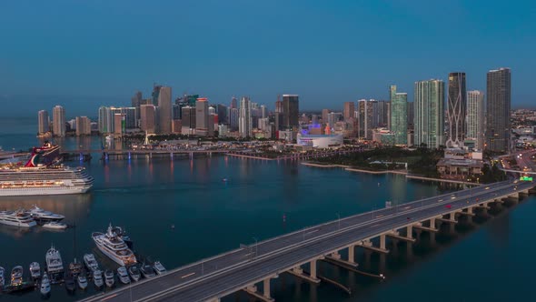 Aerial Hyperlapse over Downtown Miami at sunrise