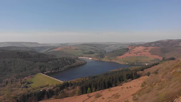 Drone viewing over Lady Bower Reservoir Whilst panning left to right from Bamford Edge point of view