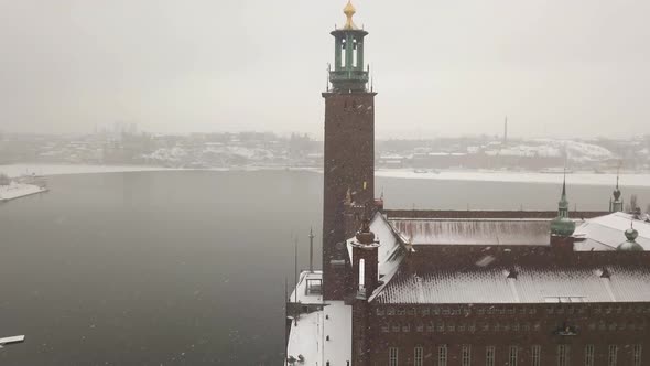 Smooth downward tilt of facade from very popular and famous landmark in charming city of Stockholm,S