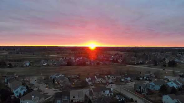 Fabulous Sunset From a Height. Evening Flight Over a City in Illinois. Beautiful Sunset on the