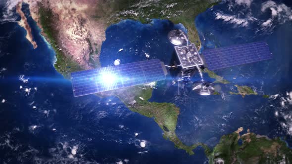 Central America. Highly detailed telecommunication satellite orbiting the Earth.