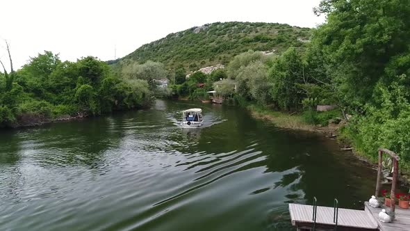 Aerial view Agva, Yesilcay River. A tour boat is passing on the river. A wonderful town located in I