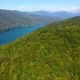 Aerial view over mountain lake with turquoise water and green trees forest - VideoHive Item for Sale