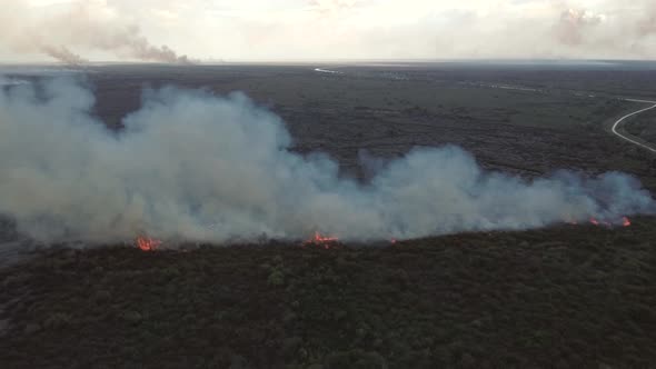 Aerial view of a wildfire burning short vegetation, Cambodia.
