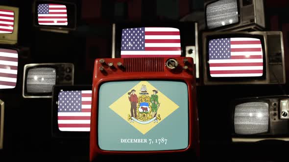 Flag of Delaware and US Flags on Retro TVs.