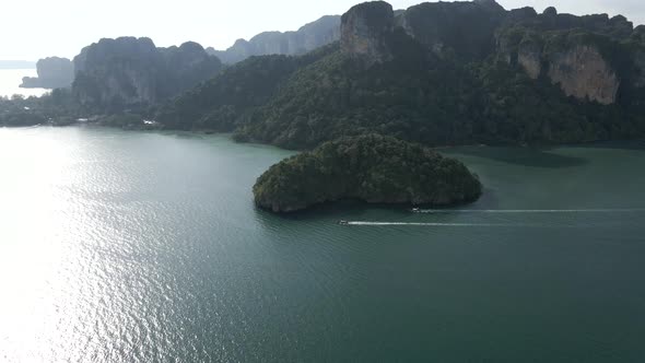 Aerial View of Railay Peninsular Beach with a Beautiful Andaman Sea Landscape Limestone Cliffs at