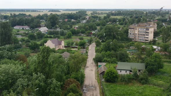 Aerial Drone video of Kalyta town buildings on the border of Kyiv Oblast and Chernihiv Oblast Ukrain