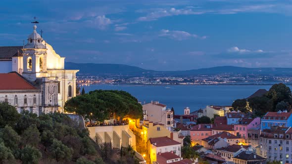 Lisbon After Sunset Aerial Panorama View of City Centre with Red Roofs at Autumn Day to Night