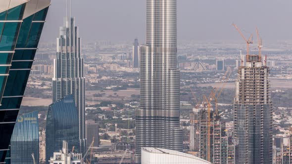 Panoramic Aerial View of Downtown Towers From Business Bay in Dubai at Evening Timelapse