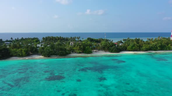 Aerial flying over travel of idyllic coast beach voyage by clear lagoon and white sand background of