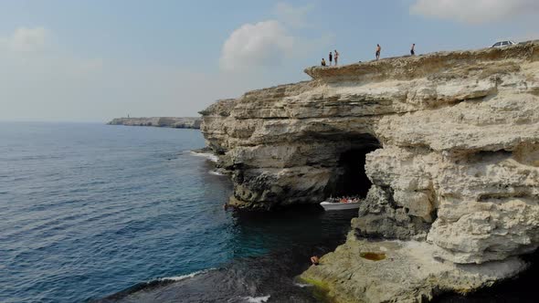 Aerial View of the Grotto in Sheer Cliff Cape Tarkhankut Black Sea Crimean Peninsula