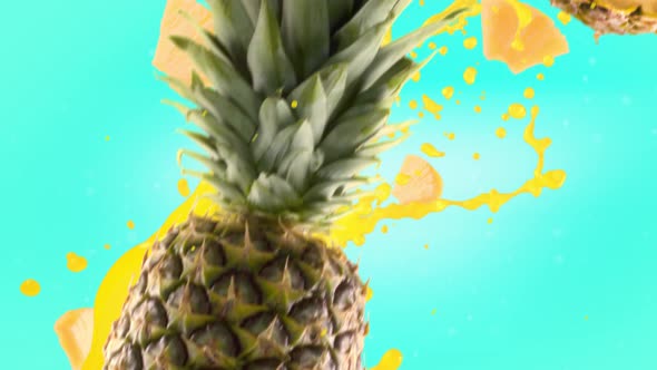 Pineapple with Slices Falling on Turquoise Background