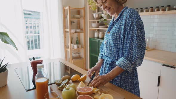 beautiful senior woman spending time in her cozy apartment