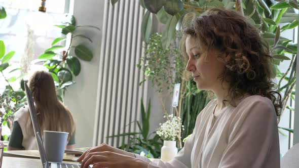 Positive Woman Drinks Coffee and Works on Laptop in Cafe