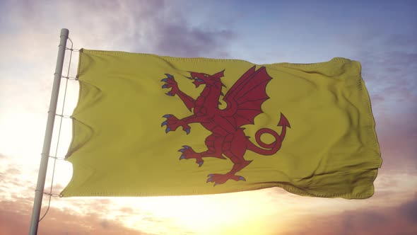 Somerset Flag England Waving in the Wind Sky and Sun Background