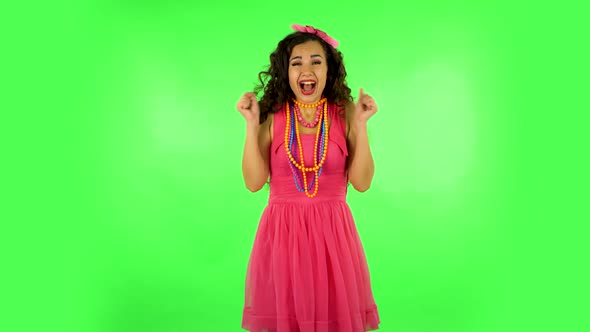 Very Surprised Girl Very Happy. Green Screen at Studio