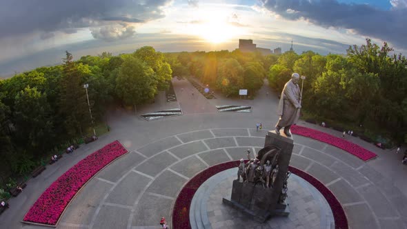 Taras Shevchenko Monument Timelapse in Shevchenko Park with His Poetic Images of Fighters for
